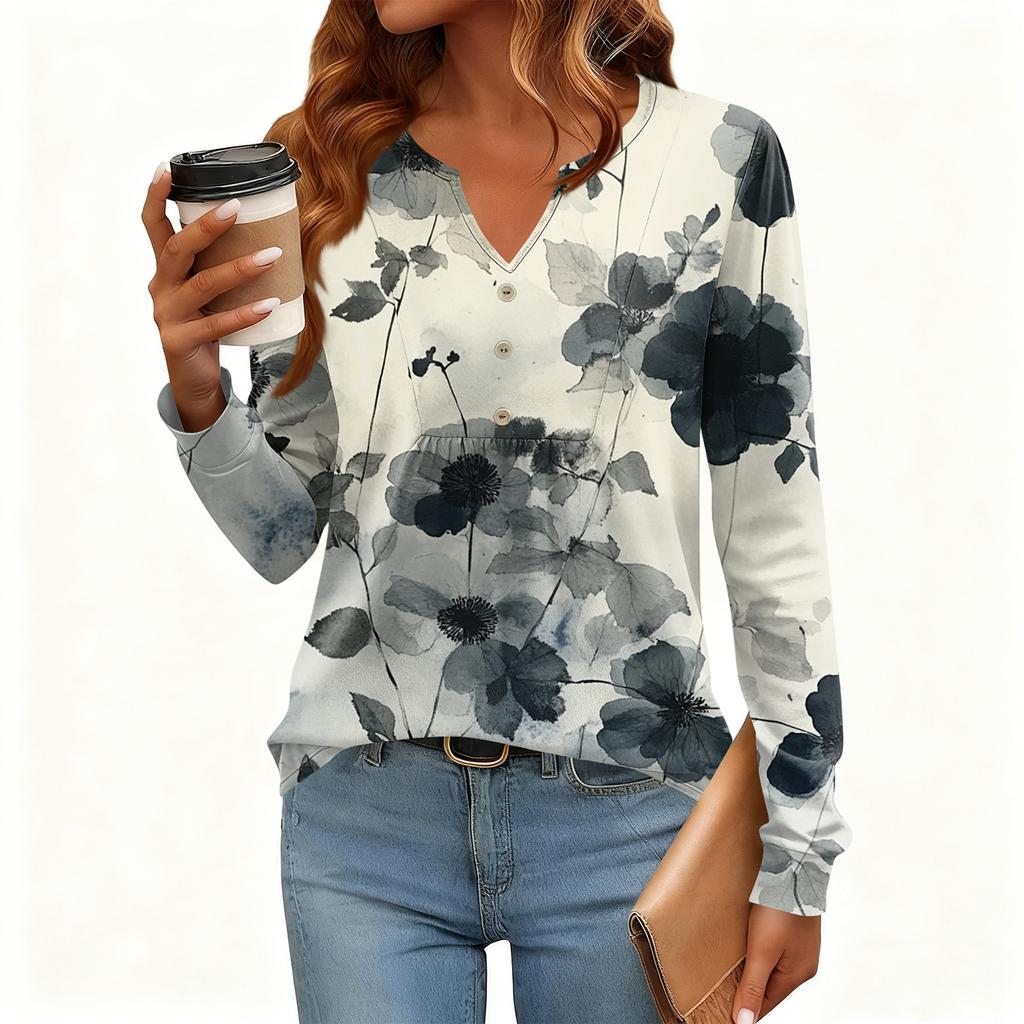 Γυναικείο Χαλαρό, V-λαιμόκοψη, Ρετρό Χρώμα, Μπλοκ με Φλοράλ Σχέδιο, Μακρυμάνικο Πουλόβερ T-shirt