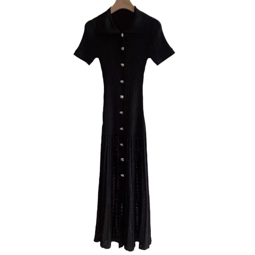 Elegant French-Style Short-Sleeve Knit Dress with Lapel & Waist Detailing, Summer 2024