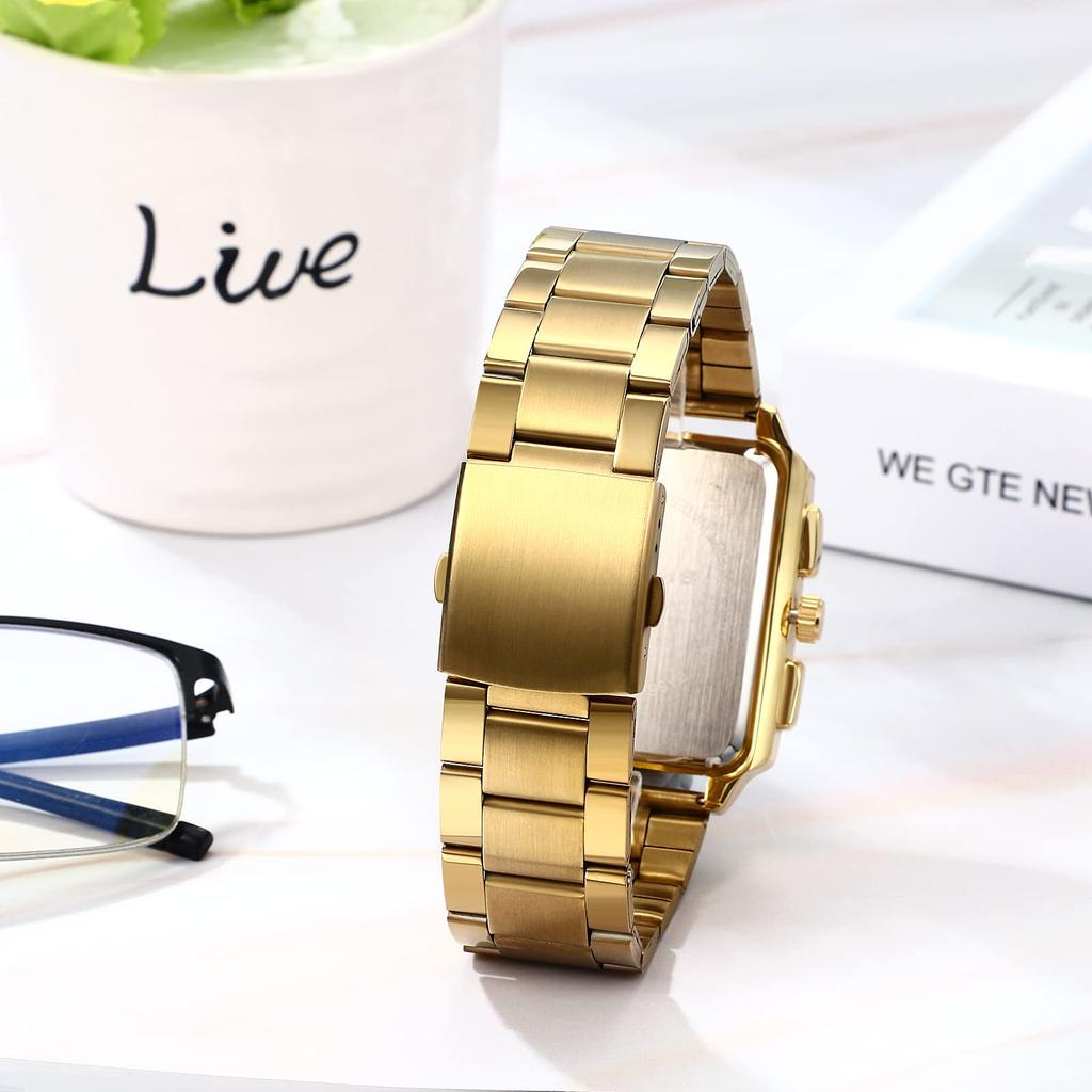 Square Watch with 3ATM Water Stainless Steel Analog Quartz Simple and Stylish Business Watch A Great Gift for and Day Men's Calendar, Gold