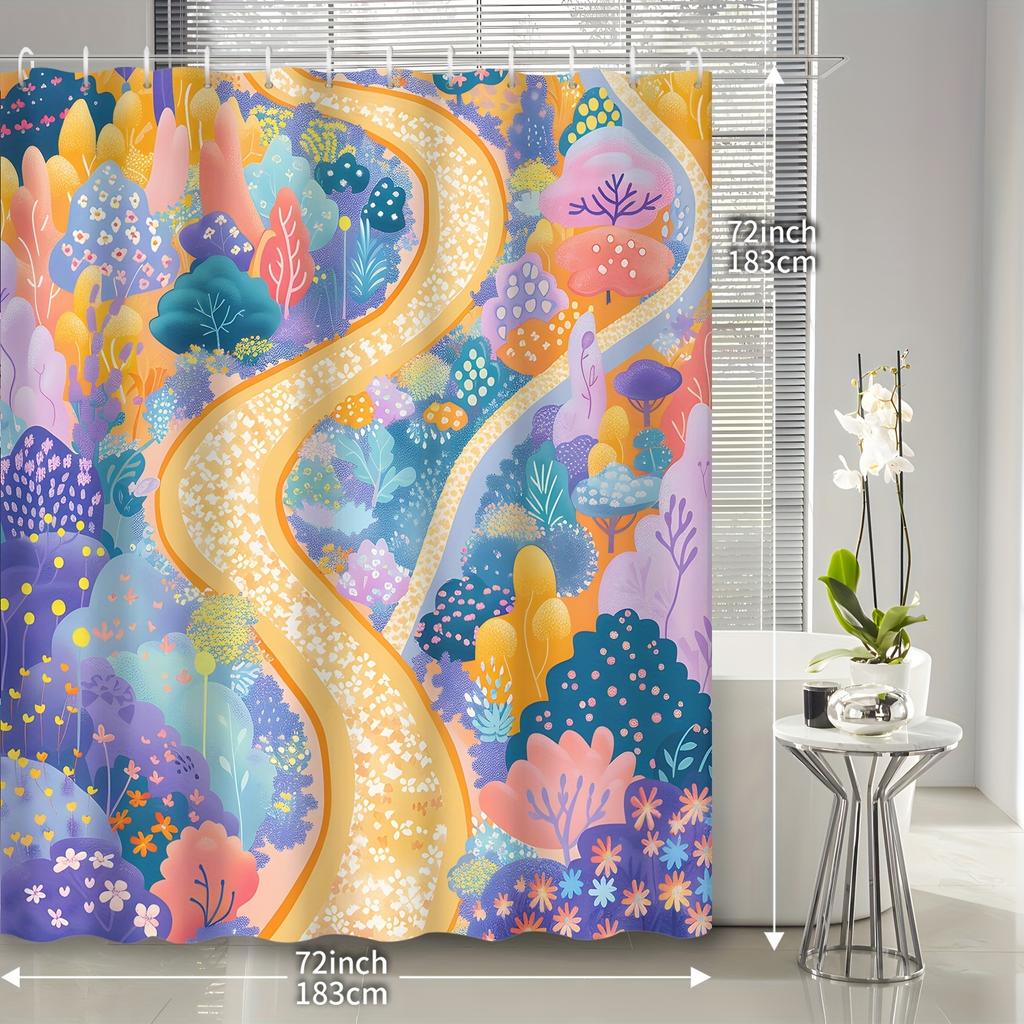 1pc Cartoon Colorful Forest Shower Curtain, Decorative Printed Bath Towel with Hooks Included, Bathroom Accessories