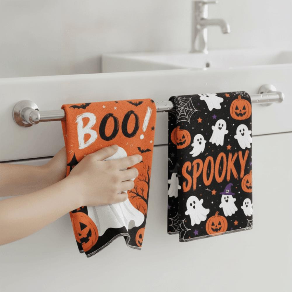2PCS Ghost Pumpkin Pattern Halloween Kitchen Towel Ultra-Fine Fiber Dish Towel Bathroom