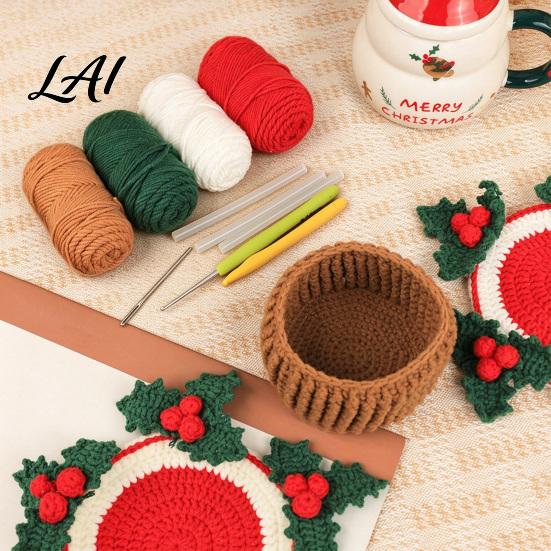 Festive Christmas Home Decor Crochet Cup Coasters with Mini Basket Handmade Holly Plants Starter Kit Hooks Berries Mat Set for Drinks Tabletop