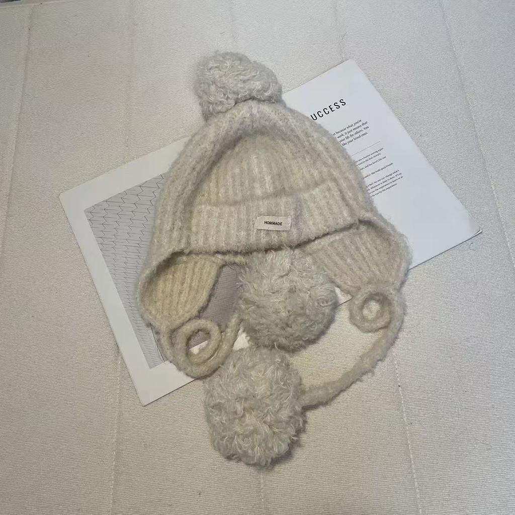 Wool Ball Knitted Woolen Hat for Women In Autumn and Winter Ear Protection Flying Hat Warm and Versatile Showing Face Small Ski Lei Feng Hat