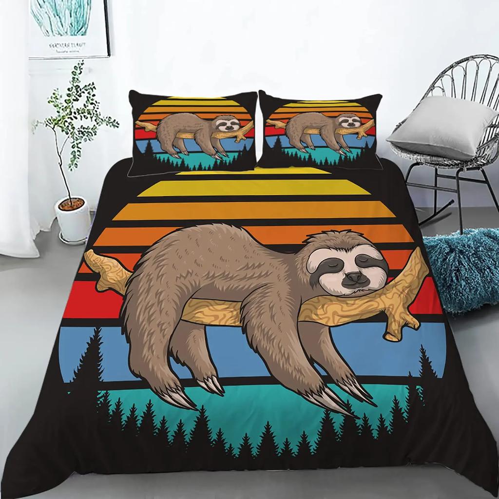 Floral Sloth Cartoon Cute Sloth Duvet Cover Flowers Sloth Animal Cover Kids Boys Girls Gifts Bedding Sets for Bedroom Decortion