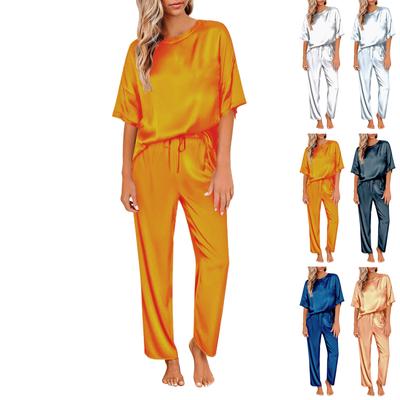 Women's Silk Solid Color Pajama Set Short Sleeve Shirt And Long Pajama Pants Set Soft Pajamas Loungewear