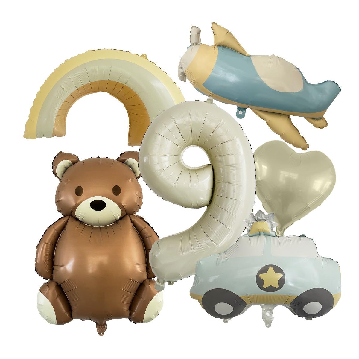 

Vintage Matte Birthday Balloon Set 32 Inch Caramel Color Digital Year-Old Aluminum Film Balloon Arrangement Bear Car Rainbow Milk White Number 9