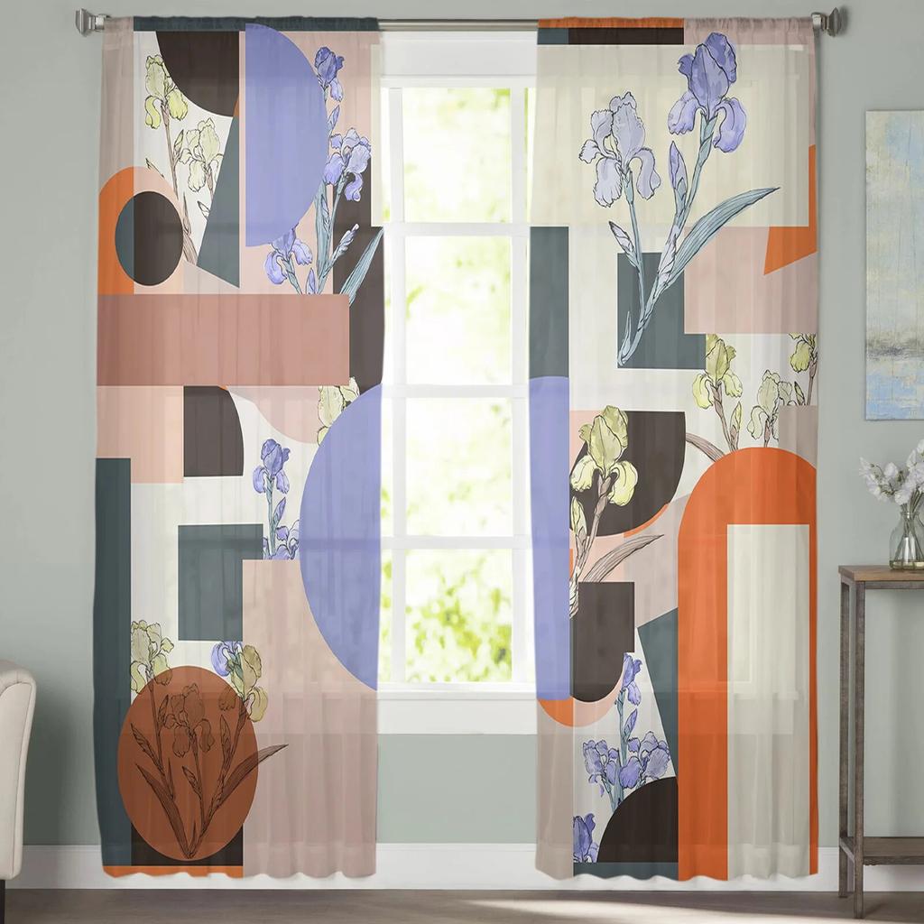 Retro Medieval Flower Color Block Bedroom Transparent Sheer Curtains Holiday Decoration Window Voile Tulle Curtain