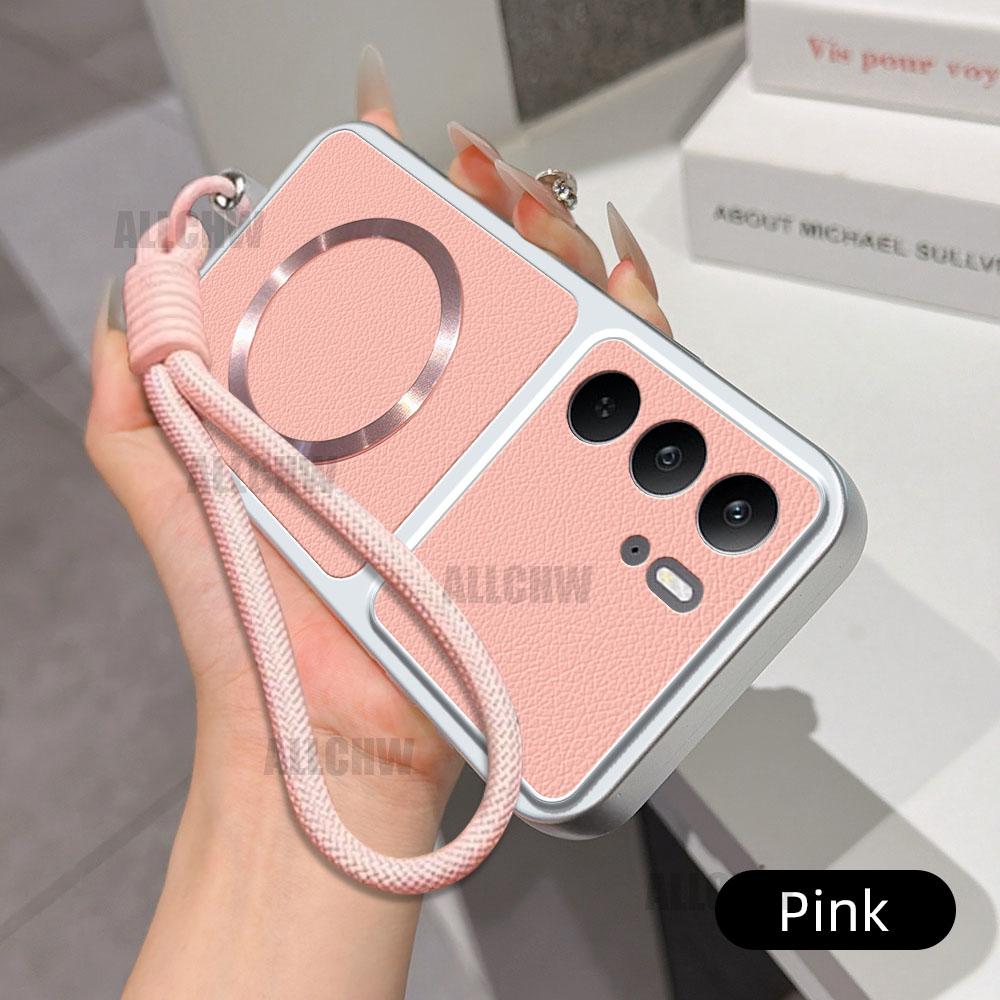For Magsafe Wireless Charging Case For Realme C75 C71 C67 C65 C63 C61 C35 C33 C31 C30 C21 C20 4G With Lanyard PU Lambskin Cover