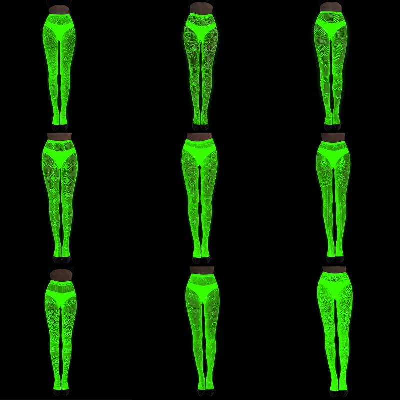 Fluorescent Pantyhose Luminous Fishnet Socks Green Light Sexy Tattoo Lace Body Jacquard Lace Hollow Socks