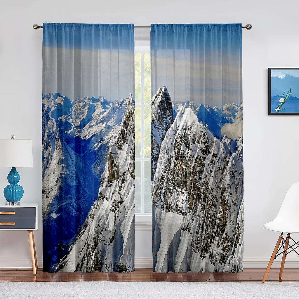 Mountain Landscape Sheer Voile Curtain Snow Peak Lakes Nature Scenery Window Tulle Curtains for Living Room Modern Bedroom Decor