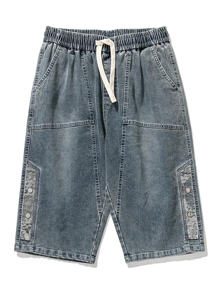 8XL Summer Men's Jeans Denim Breeches Calf-Length Casual Shorts Washed Cotton Drawstring Straight Capris Pants Big Size
