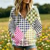 Damen Retro-Print Kapuzenjacke Langarm mit und Taschen für Freizeitkleidung