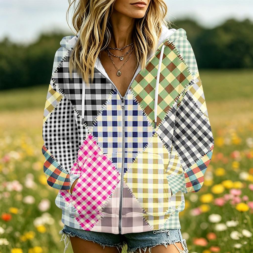 Damen Retro-Print Kapuzenjacke Langarm mit und Taschen für Freizeitkleidung