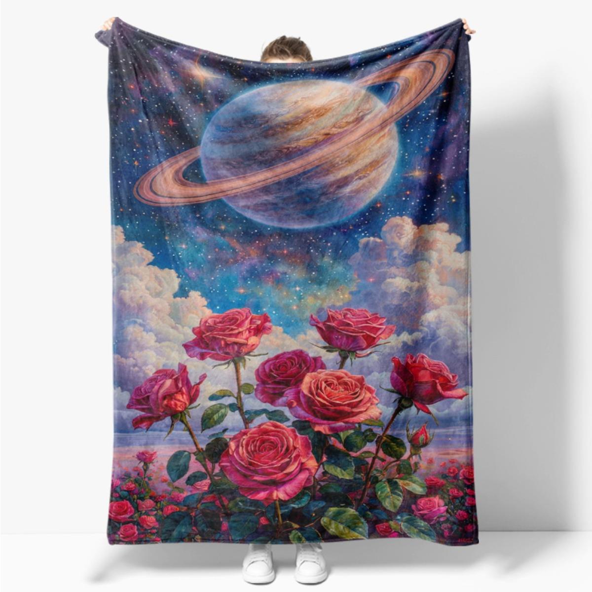 

Retro Universe and Flowers Flannel printed blanket suitable for all seasons suitable for living room office sofa and travel 75x100cm (30x40inch)