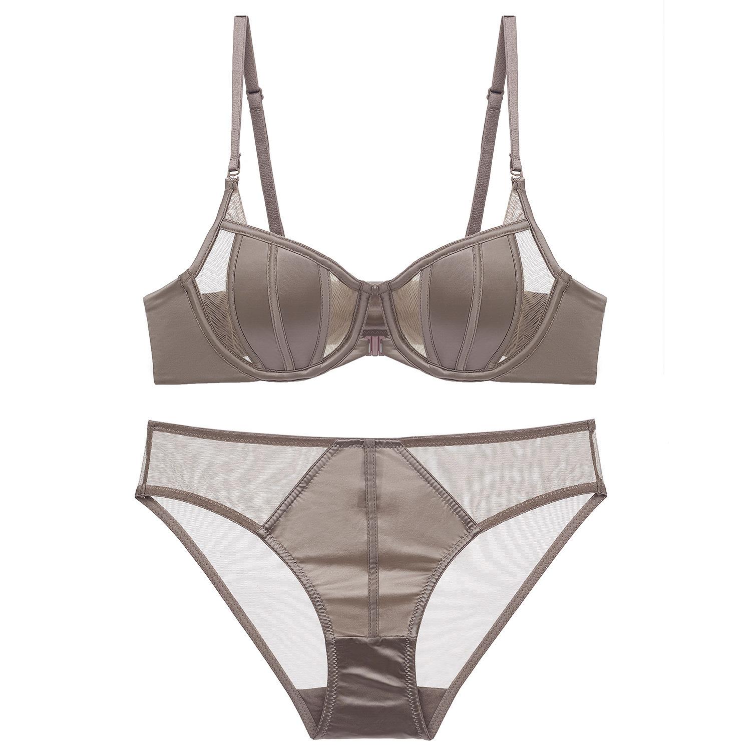 

French glossy underwear female rabbit ear front buckle sexy bra thin cotton big chest small anti-sagging bra 85C кавовий