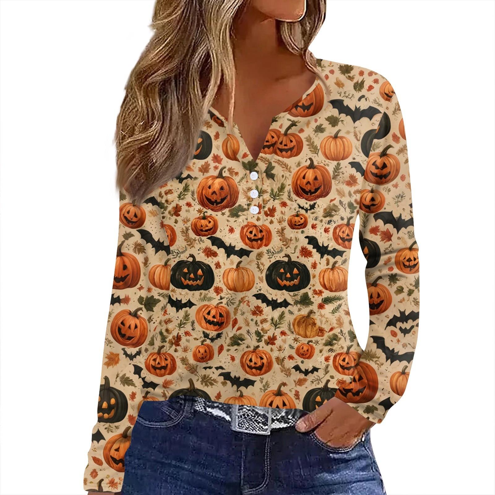 

Женская футболка Футболка Принт Хэллоуин Пуговица Длинный рукав Повседневная Мода на выходные Базовая V-образный вырез Обычный топ L хаки