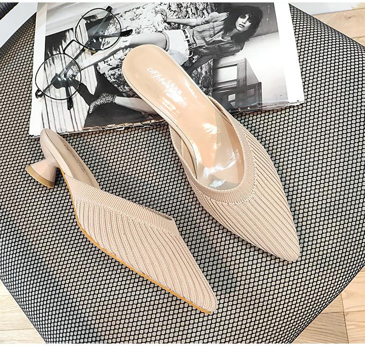 Fashion Stretch Polyester Shoes Woman Slippers Mules Med-High Heels 3D Fly Weave Slides Ladies Breathable Flipflops Women Wedges Sandals