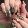 24PCS Retro Luxury Almond Press On Nails Dark Green Golden Butterfly Patterns French Fake Nails for Women Wearable Nail Manicure