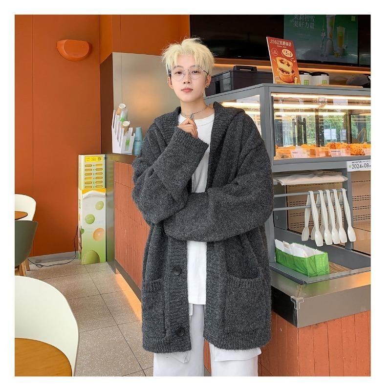 Dark Gray Cardigan Men's Autumn Winter New Lazy Style Loose Casual Simple Sweater Jacket