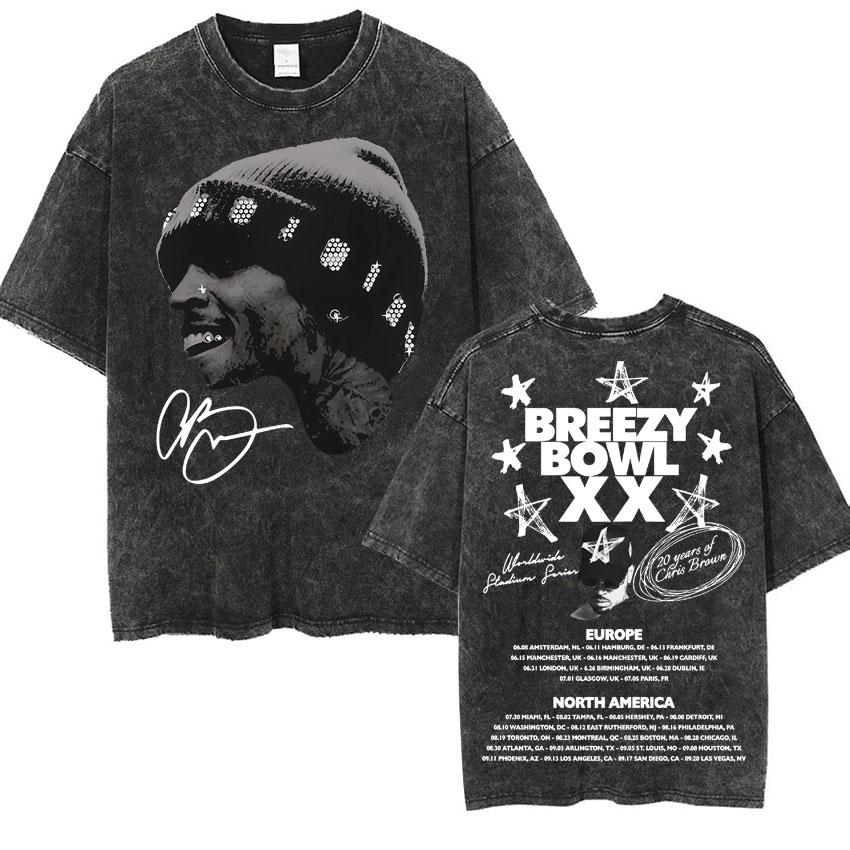 Magliette Tee Shirt a Manica Corta Lavate Vintage Edizione Limitata Chris Brown Breezy Bowl XX Tour 2025 Nuovo Album Regali Uomo Donna Streetwear