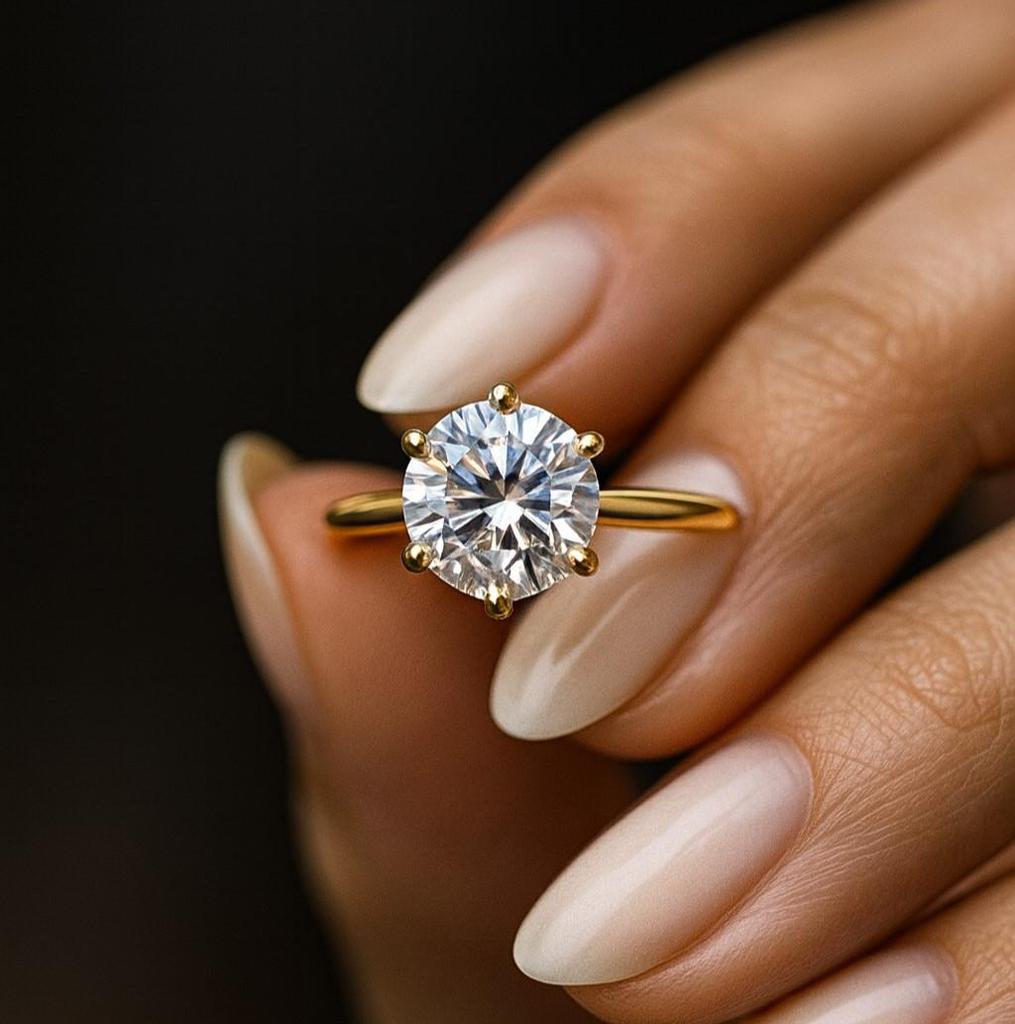 Round Cut Moissanite Engagement Ring – Yellow Gold Plated Solitaire Wedding Band, Classic Anniversary Ring, Promise Ring Jewelry Gift for Women