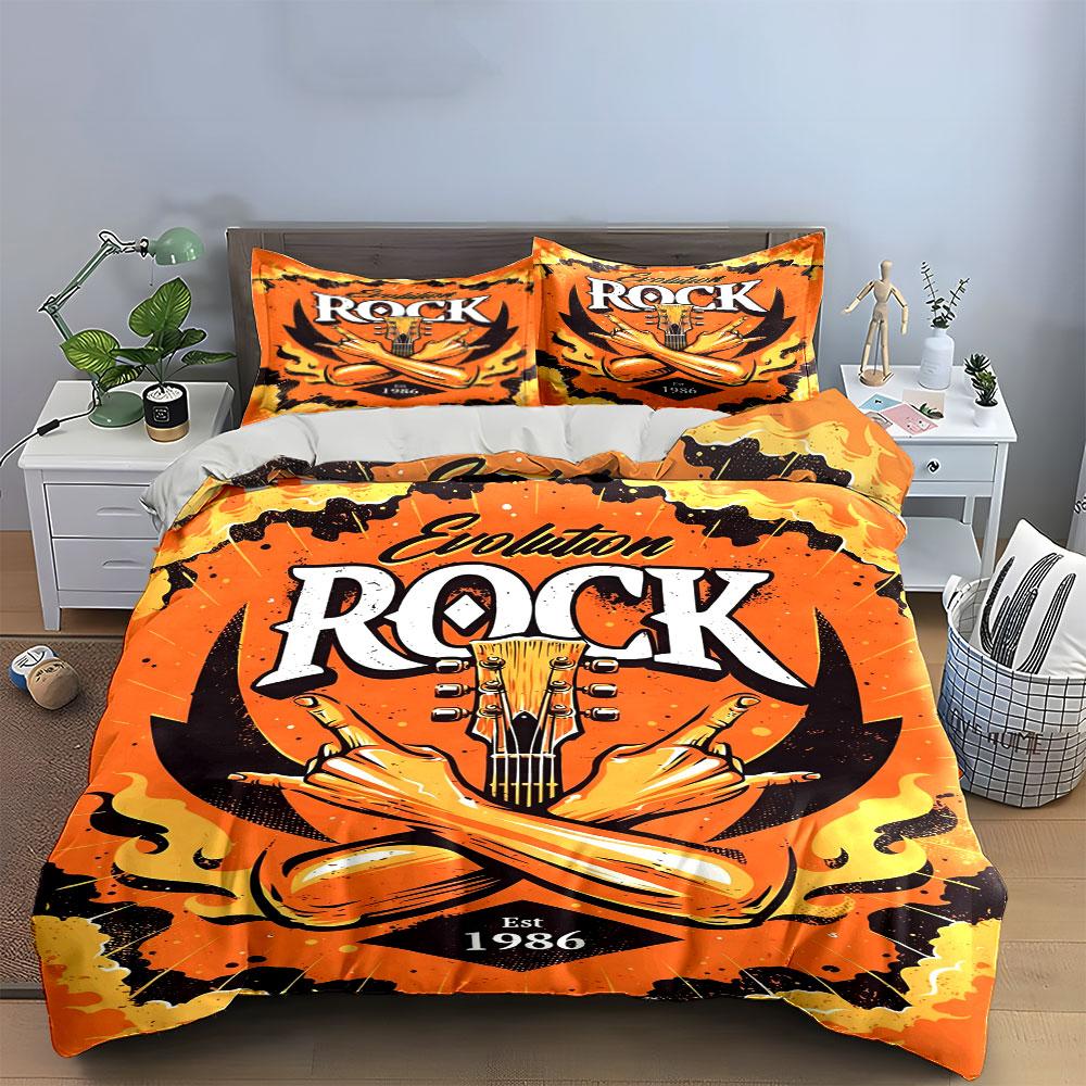 Guitar, flames, "Rock" text. Bedding sets Duvet cover sets Duvet covers Pillowcases(1 * Duvet Cover 2 * Pillowcases without duvet insert)