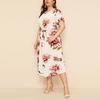 Women's Plus Size Printed Midi Dress - Round Neck, Short Sleeve, Waist-Cinched, European American Style