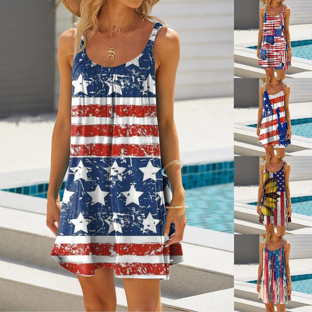 Women's Fashion Summer Beach Casual Print Sleeveless Cute Mini Sling Dress