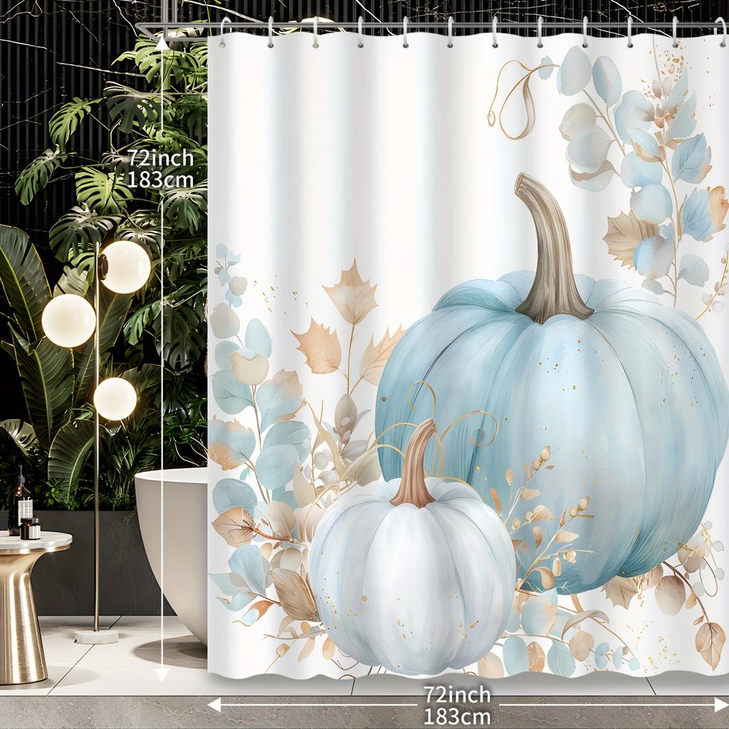1Pc Shower Curtain - Elegant Blue And White Pumpkins With Autumn Leaves Design Waterproof