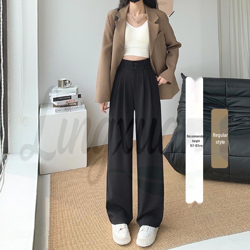 Khaki High-Waisted Wide-Leg Women s Pants: Spring/Autumn Slimming Straight-Leg, Drapey Floor-Length, Double-Button Casual Suit Pants. Large