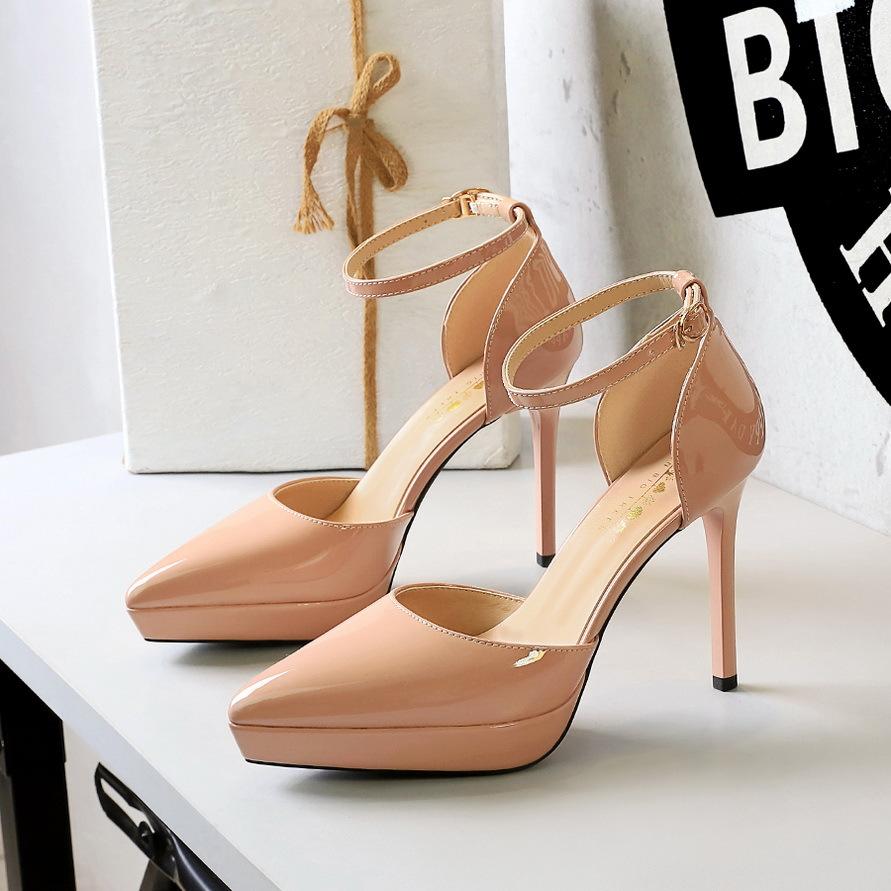 Fashion Elegant High Heels Women's Waterproof Platform Pointed Toe Patent Leather Glossy Thin Heel Hollow Strap Sandals Women's Shoes