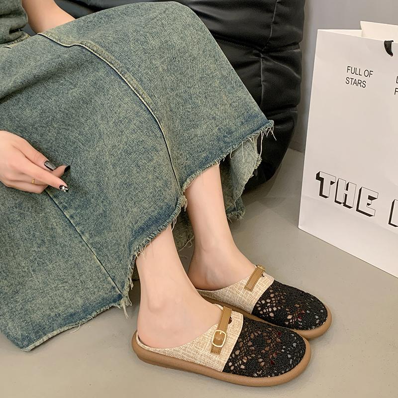 Fashion Shoes for Women 2025 New Breathable Flax Outdoor Women's Slippers Fashion Flat with Baotou Hollow Out Solid Modern Slippers