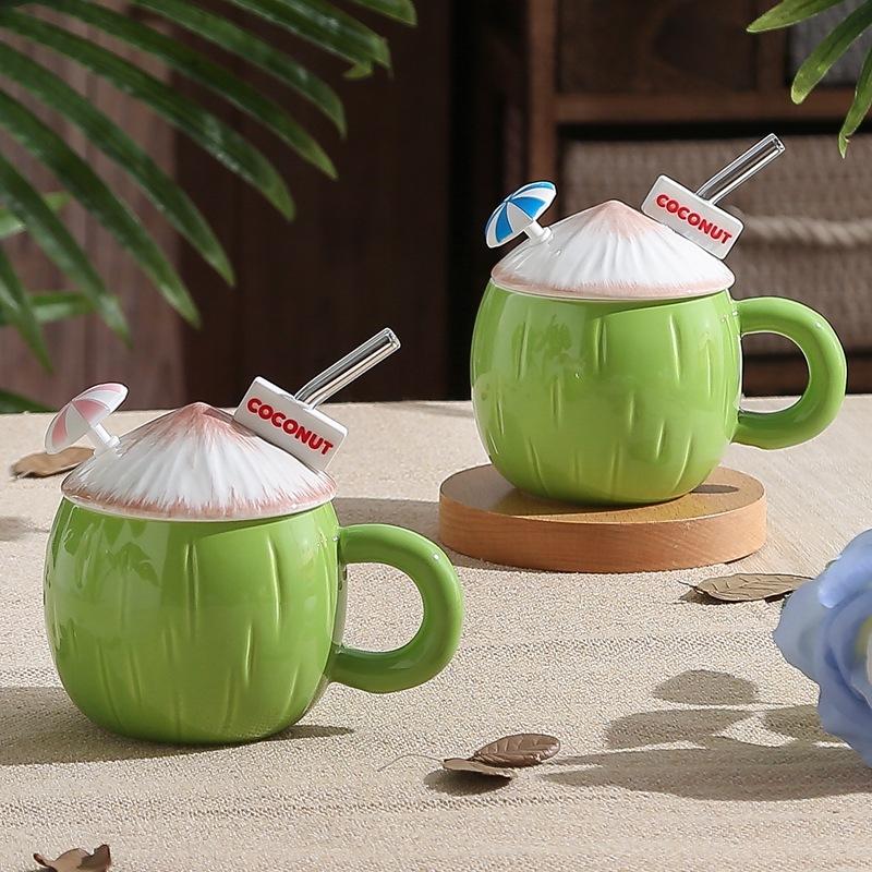 Creative Ins Style Summer Coconut Mug Girls Heart High Precision Cute Ceramic Cup Large Capacity Water Cup with Lid
