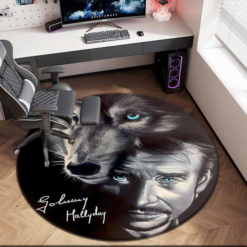 1pc Black and White Retro Johnny Hallyday Round Carpet Painted Printed Circular Carpet, Home Door Mat, Outdoor Travel Protection Carpet