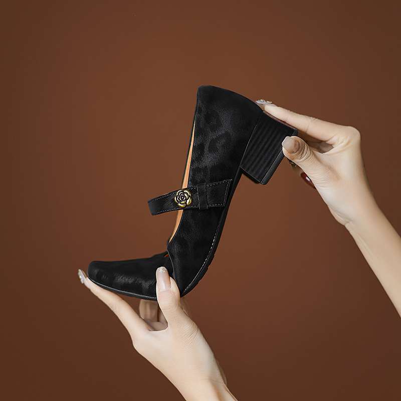 Krazing Pot Sheep Skin Summer Spring Autumn Med Heels Buckle Straps Women Leopard Patterns Square Toe Shallow Pumps