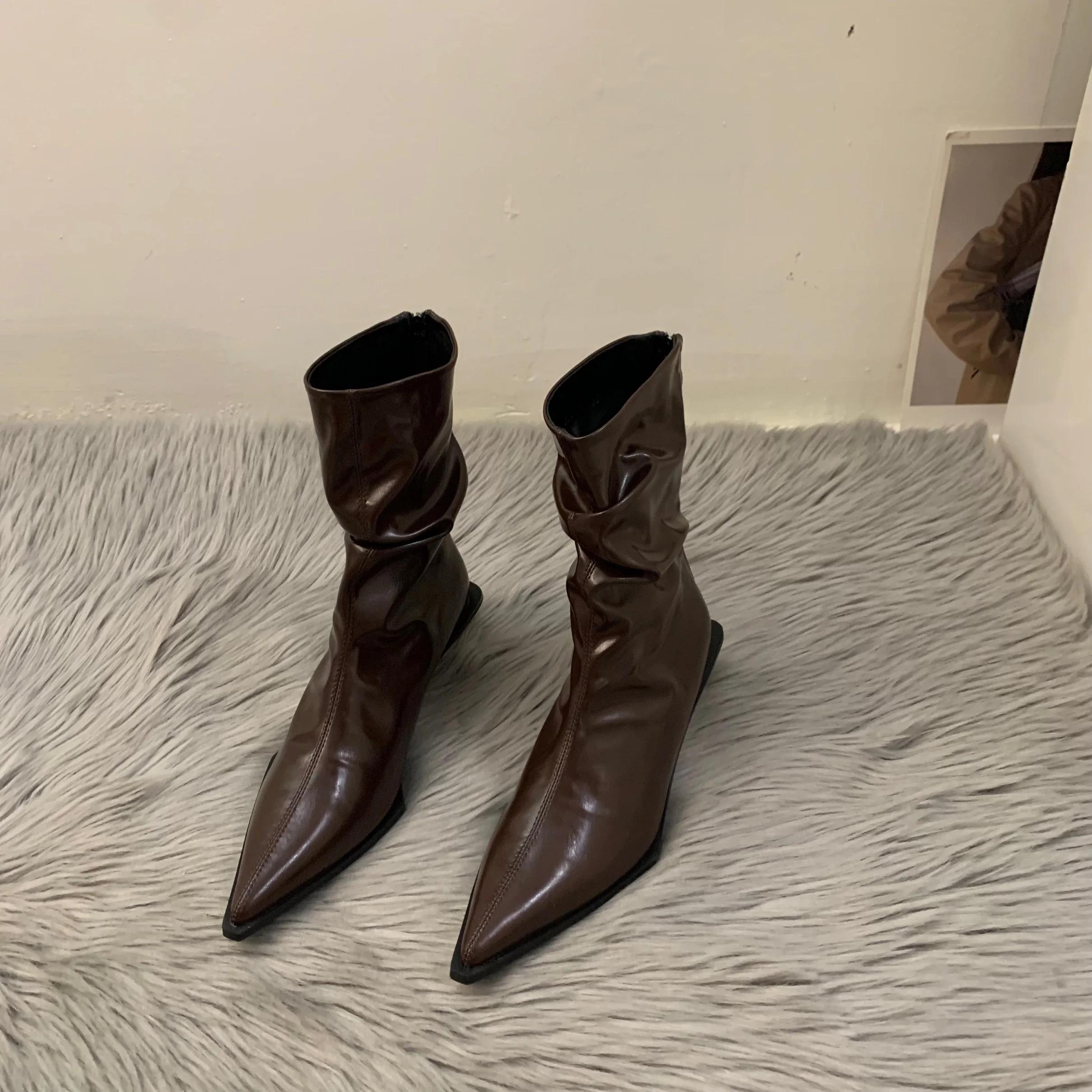 

Остроносые сапоги на высоком каблуке для женщин, осенние байкерские сапоги во французском стиле, сексуальная роскошная дизайнерская женская обувь, ковбойские ботильоны «челси» 39 коричневый