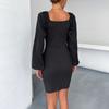 Fashion Women's Black Long Sleeve V-Neck Hip Dress Dress Inside