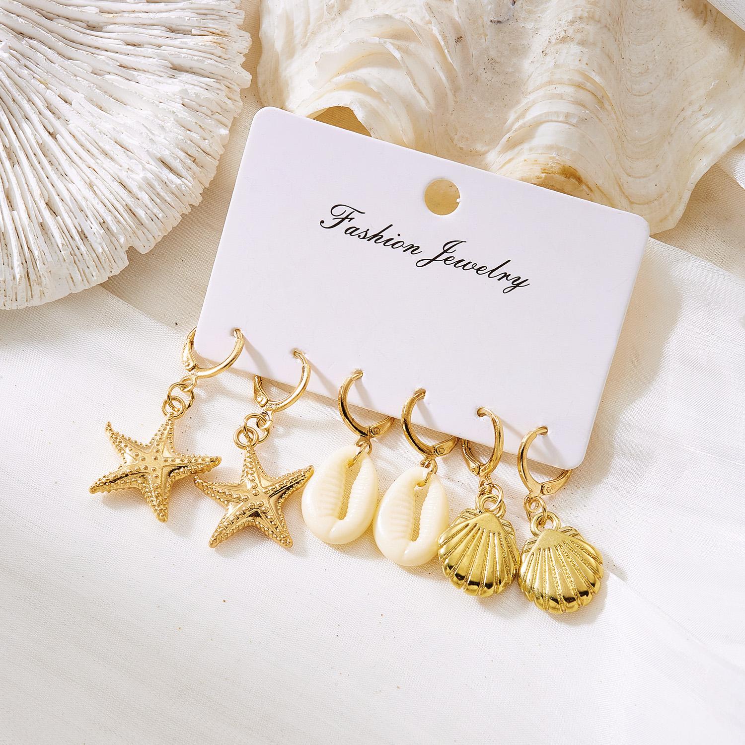 

6Pcs Boho Starfish Shell Scallop Earring Set For Women Imitation Pearl Metal Geometric Earring Beach Party Versatile Jewelry