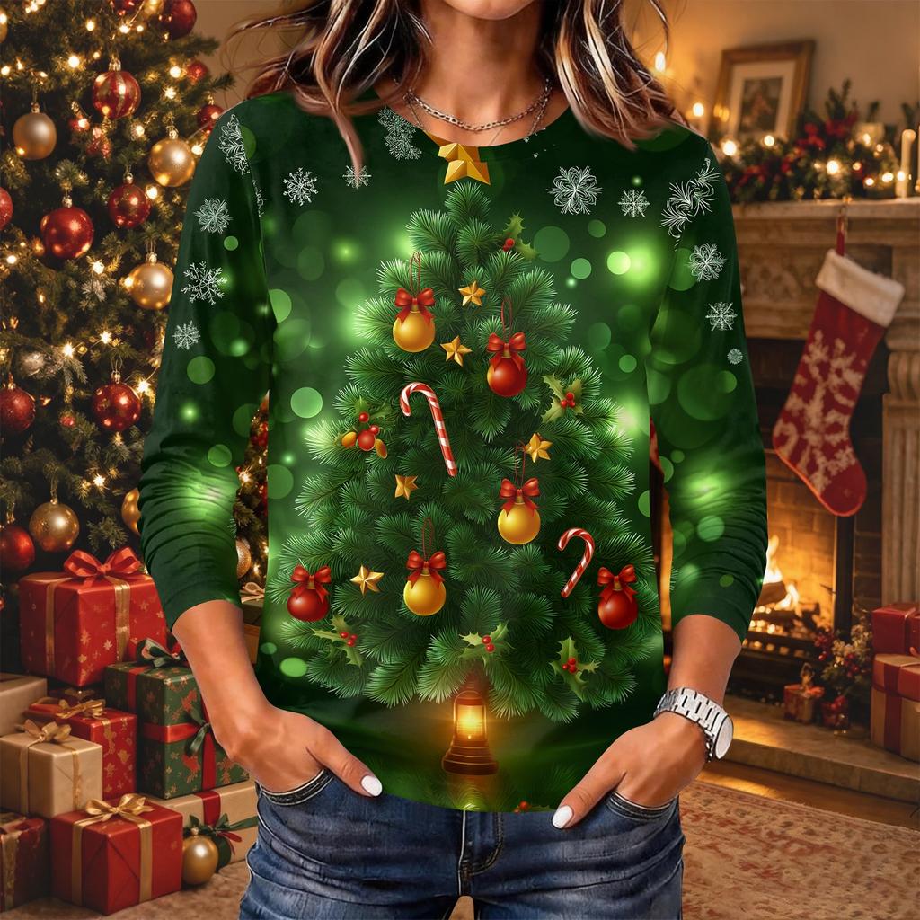 Women's Christmas Print Long Sleeve Neck Pullover Top