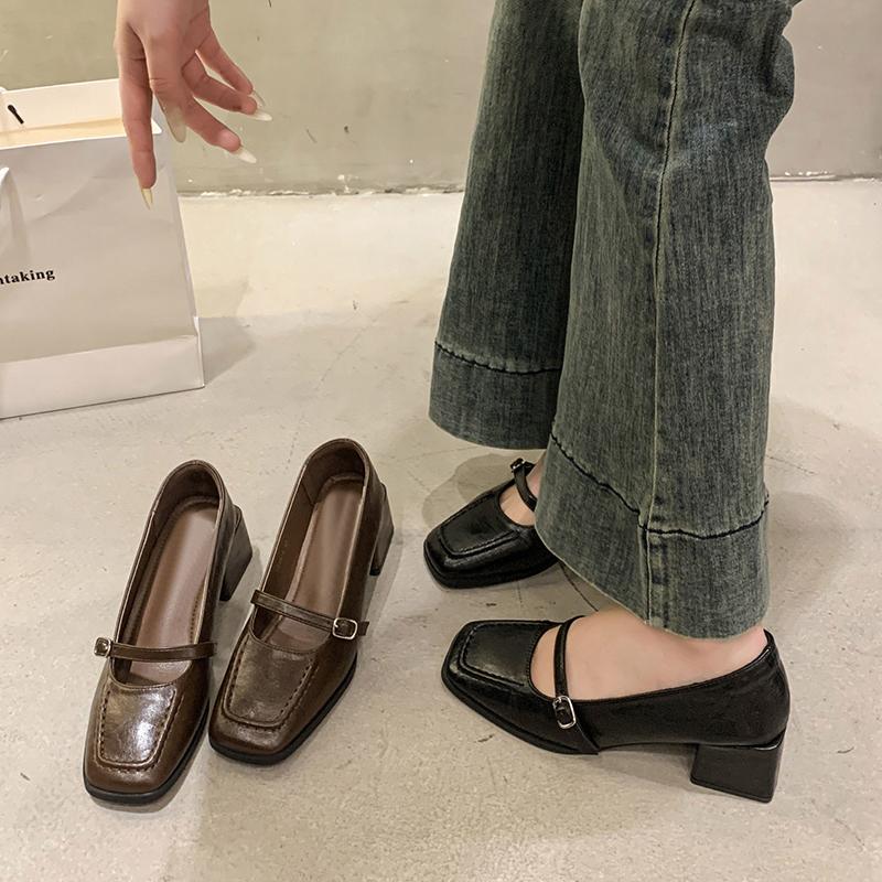Fashion New Retro Mary Jane Shoes for Women French Style Small Leather Shoes Thick Heel Comfortable Brown Square Toe Single Shoes