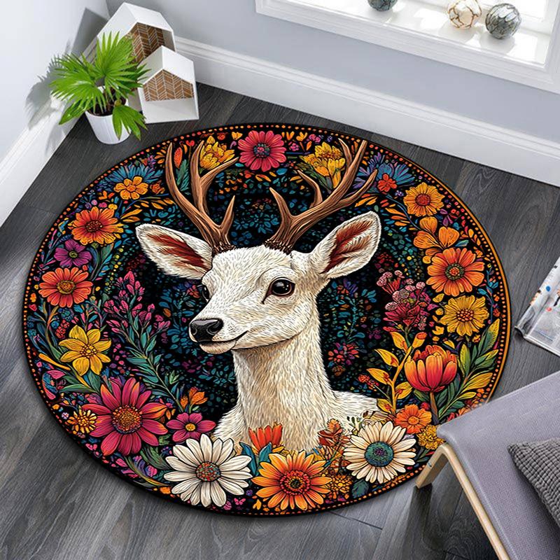Deer Floral Round Area Rug,Carpet Rug for Living Room Bedroom Sofa Playroom Decor,Non-slip Floor Mat