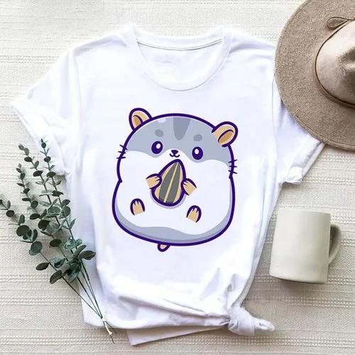 Cartoon Cute Hamster Cartoon Cute Hamster Baby Round Neck Big Size Round Neck Black T-shirt Woman Tops