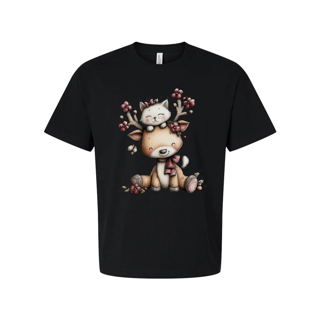 

Unisex Christmas T Shirt With Cute Deer And Kitten Graphic Print In Winter Scene 2XL