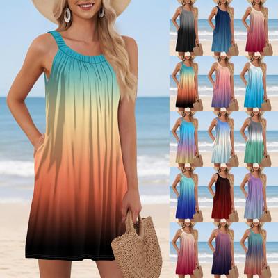 Ladies Fashion Beach Vest Casual Summer With Pocket Straps Gradient Print Dress