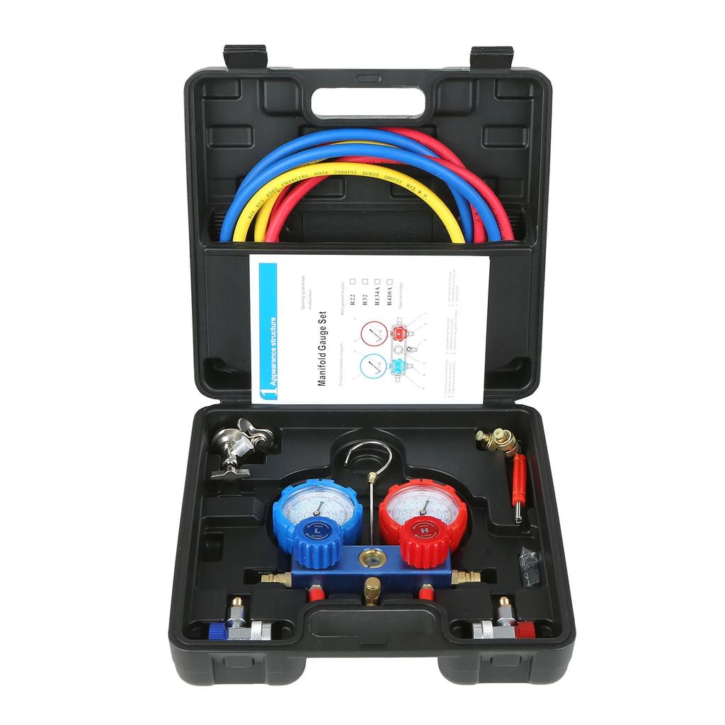 Refrigerant Pressure Gauge & Manifold Hose Kit Designed for R134A and R22 Air Conditioning Refrigerant Automotive Applications