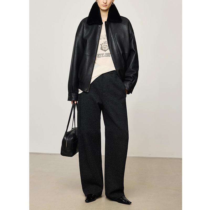 Women's Elegant Wool-Blend Dark Grey High-Waisted Loose Straight-Leg Trousers, 2025 Autumn/Winter Collection