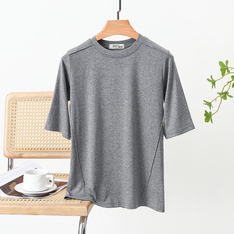 Women's Summer Patchwork Loose T-Shirt with Round Neck and Five-Sleeve Design