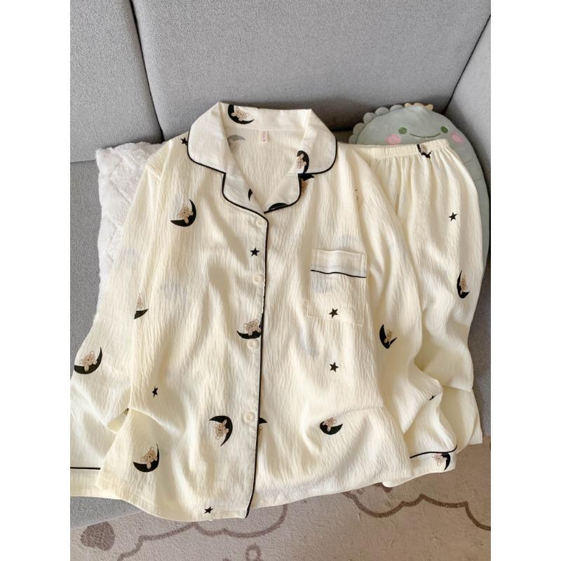 Moon Bear Cartoon Fashion Women's Pajamas Korean Style Casual Soft 2 PC Set Pajamas Autumn Long Sleepwear Lapel Neck New 2025