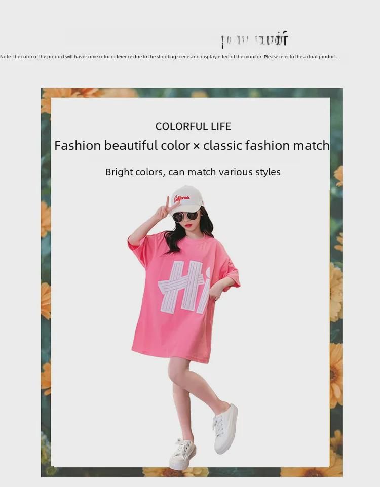 2023 Summer Girls' Short-Sleeve Stylish Medium-Length Loose T-Shirt Dress for Older Kids