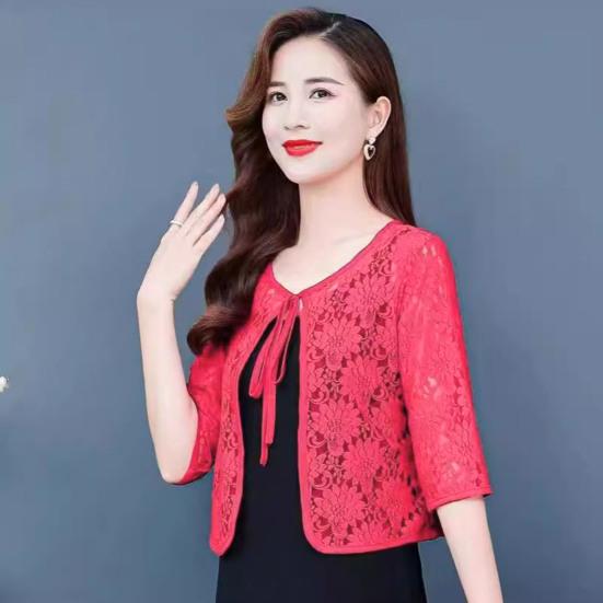 Cappotto da Donna Autunno Primavera Allacciato Ricamo Floreale Tinta Unita Scialle Maniche a Tre Quarti Largo Traforato Pizzo Girocollo Tipo Corto Protezione Solare